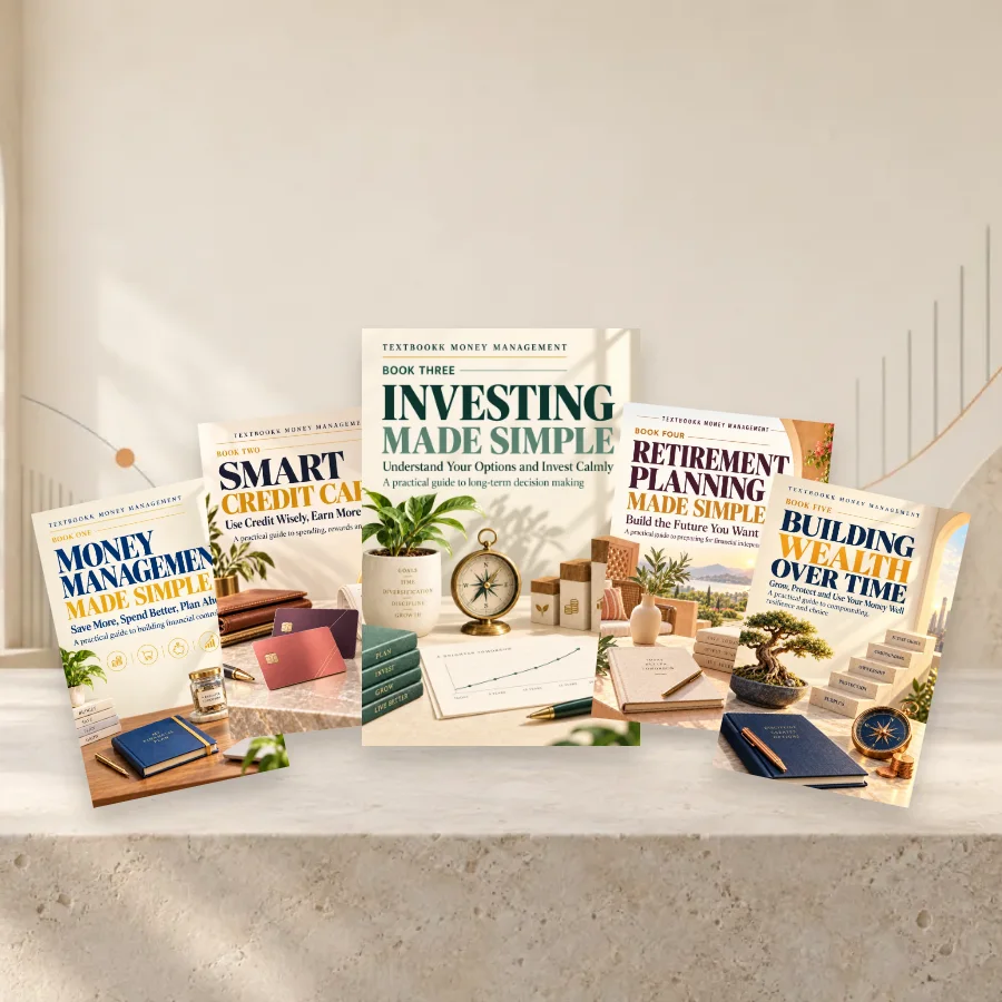 Five Money Management books arranged on an editorial desk