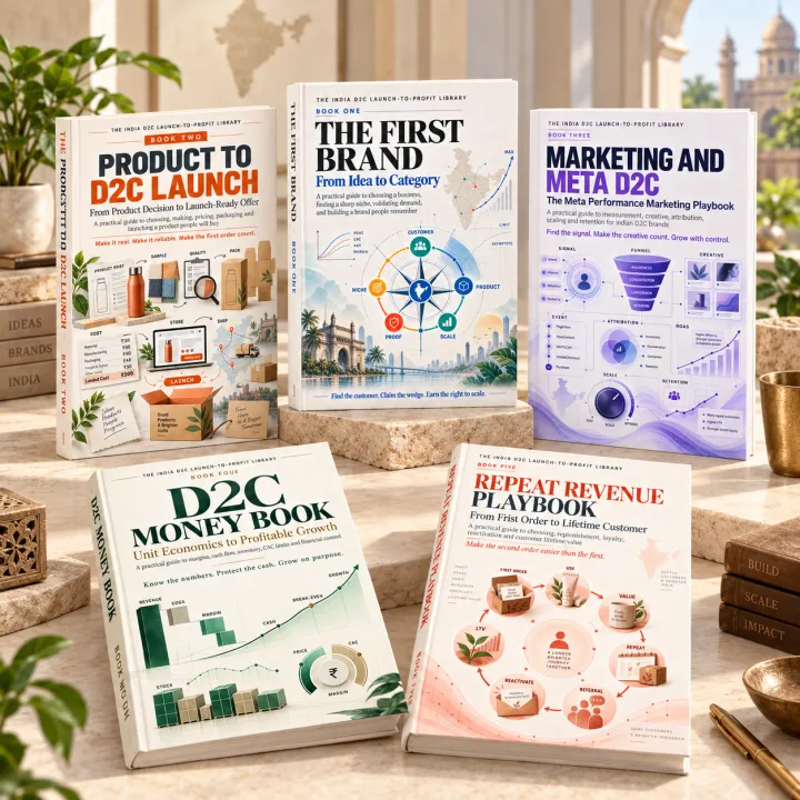 Five India D2C books arranged together