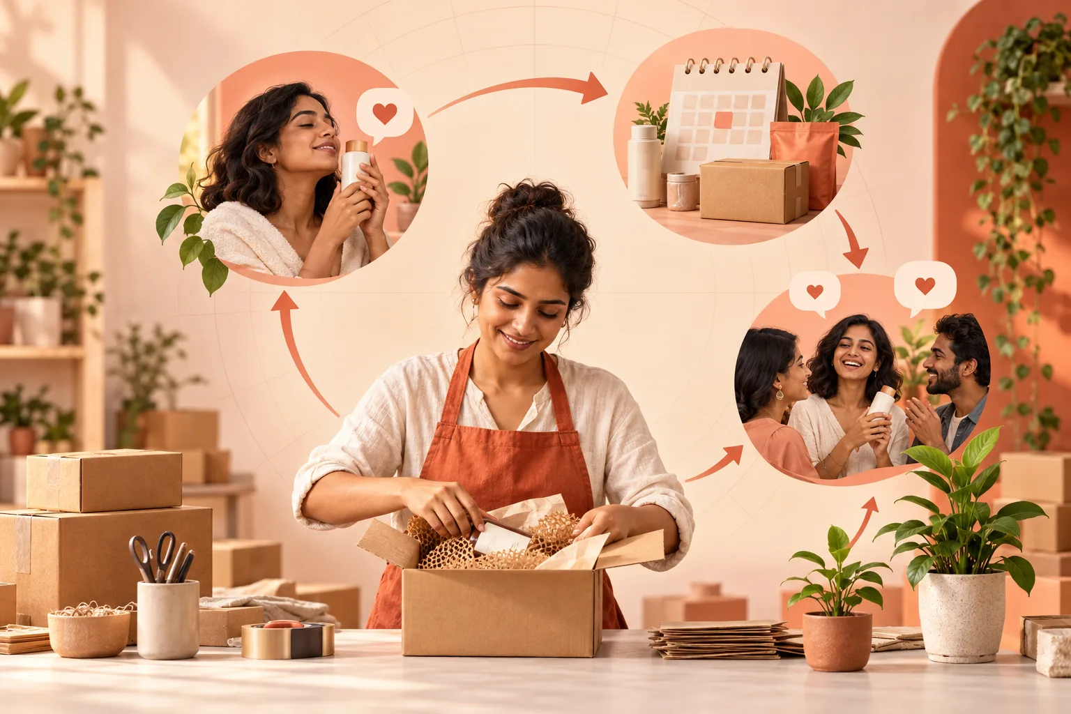 A visual repeat-revenue loop connecting use, replenishment and referral